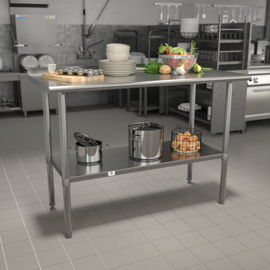 Rawcliffe Stainless Steel 18 Gauge Prep and Work Table with 1.5" Backsplash and Undershelf - NSF Certified - 48"W x 24"D x 36"H Stainless Steel
