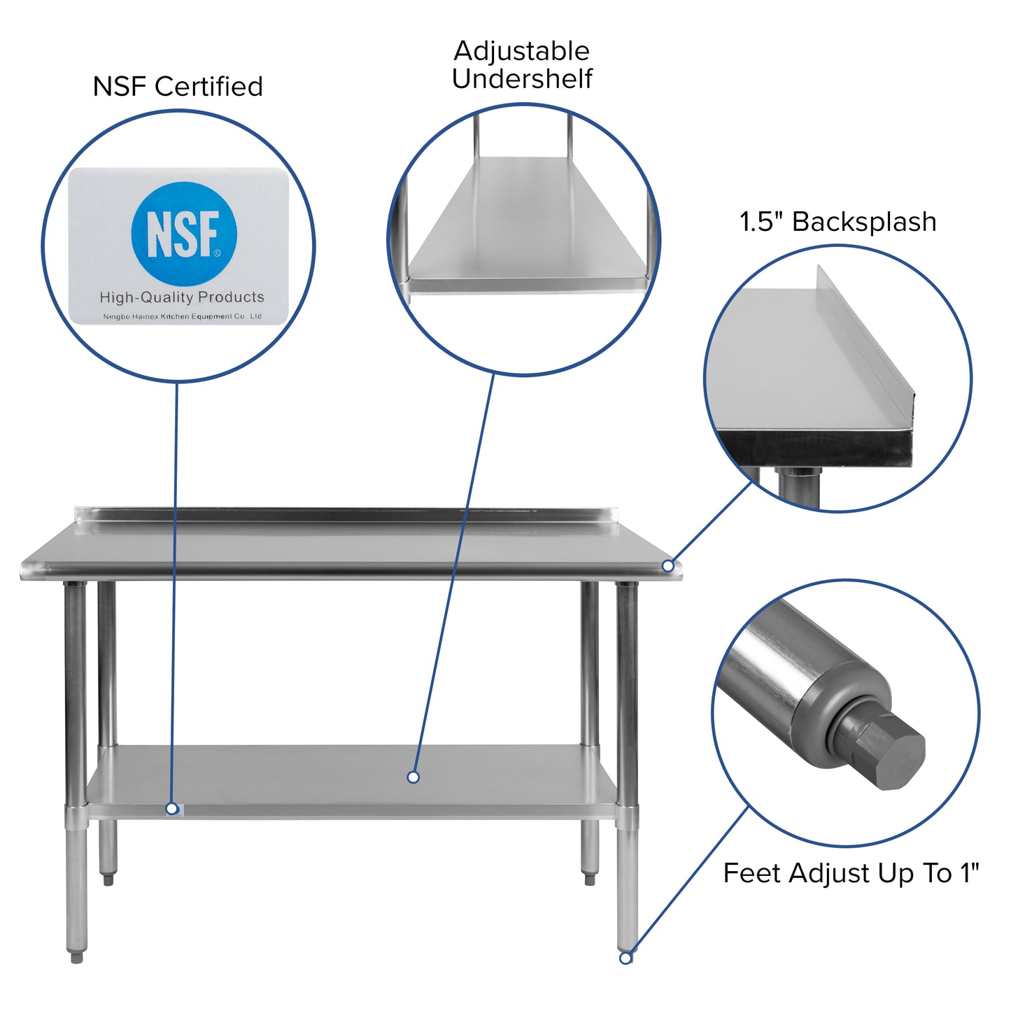 Rawcliffe Stainless Steel 18 Gauge Prep and Work Table with 1.5" Backsplash and Undershelf - NSF Certified - 48"W x 24"D x 36"H Stainless Steel