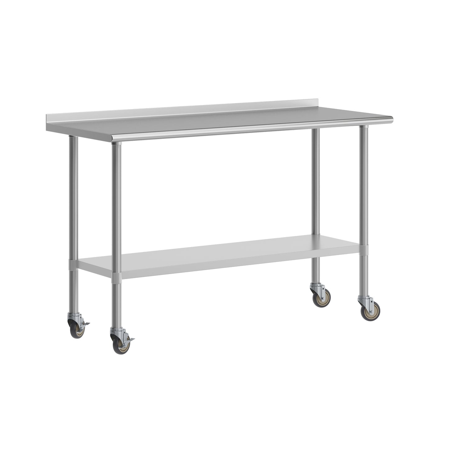Reese Portable Prep and Work Table with NSF Certified Stainless Steel Top Shelf, 1.5" Backsplash, Galvanized Steel Undershelf, 4 Casters, 2 Locking Stainless Steel