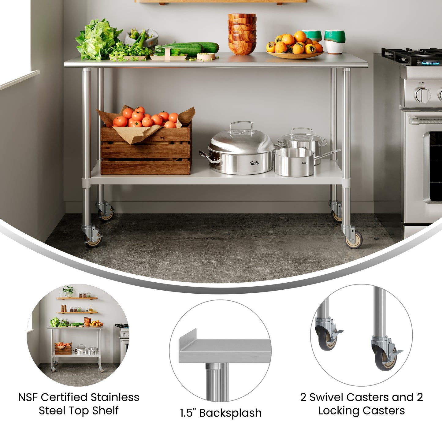 Reese Portable Prep and Work Table with NSF Certified Stainless Steel Top Shelf, 1.5" Backsplash, Galvanized Steel Undershelf, 4 Casters, 2 Locking Stainless Steel