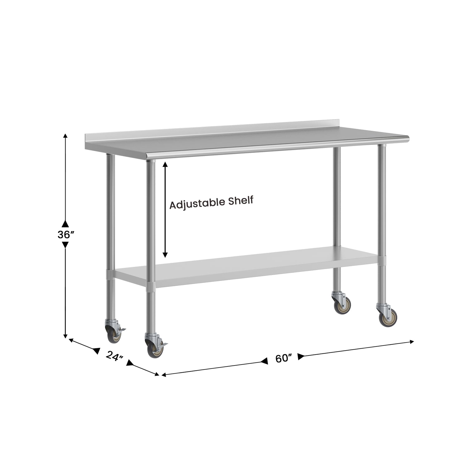Reese Portable Prep and Work Table with NSF Certified Stainless Steel Top Shelf, 1.5" Backsplash, Galvanized Steel Undershelf, 4 Casters, 2 Locking Stainless Steel
