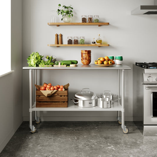 Reese Portable Prep and Work Table with NSF Certified Stainless Steel Top Shelf, 1.5" Backsplash, Galvanized Steel Undershelf, 4 Casters, 2 Locking Stainless Steel