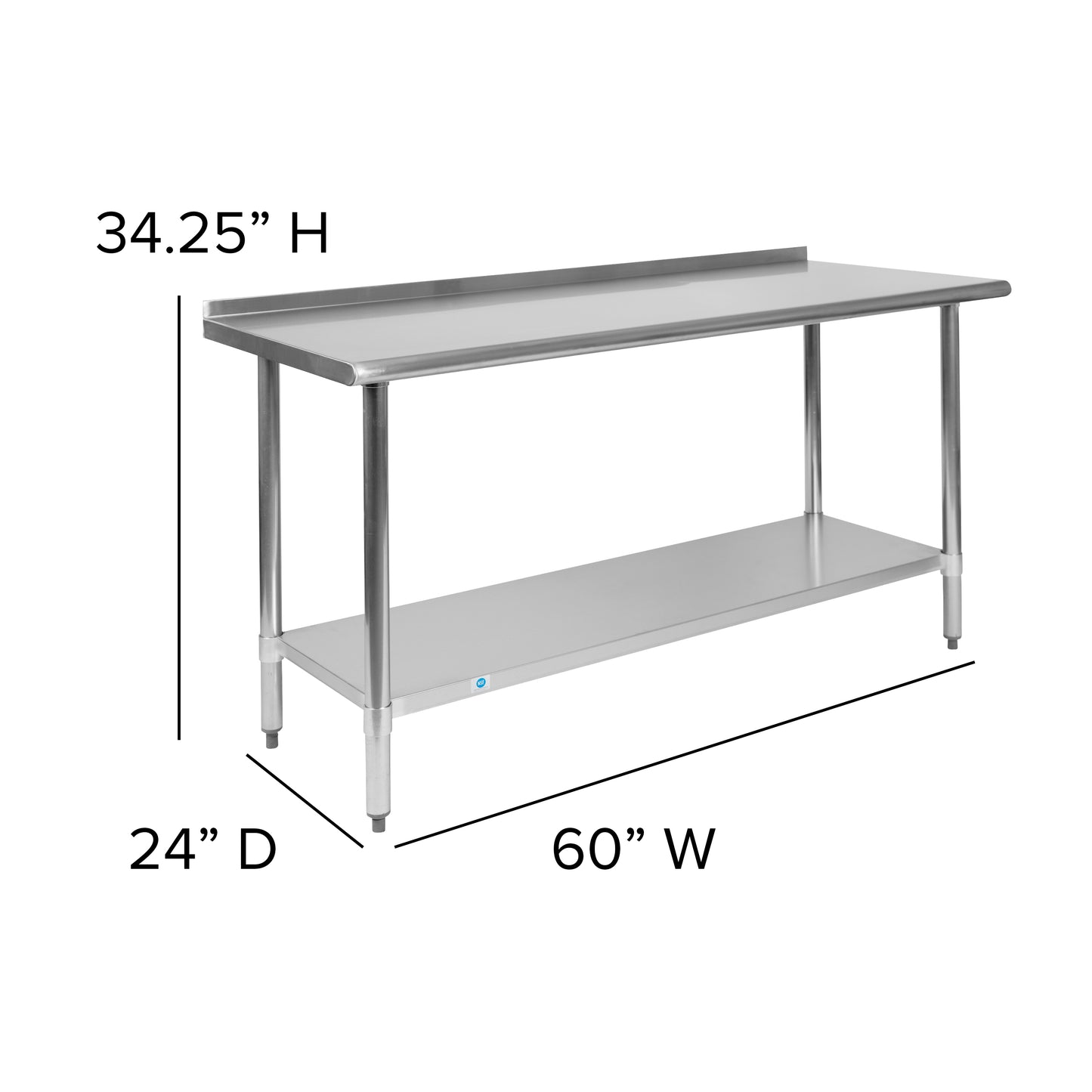 Reese Stainless Steel 18 Gauge Prep and Work Table with 1.5" Backsplash and Undershelf - NSF Certified - 60"W x 24"D x 36"H Stainless Steel