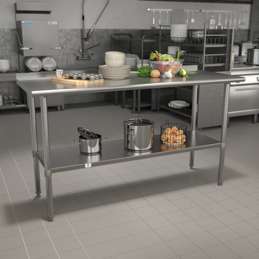 Reese Stainless Steel 18 Gauge Prep and Work Table with 1.5" Backsplash and Undershelf - NSF Certified - 60"W x 24"D x 36"H Stainless Steel