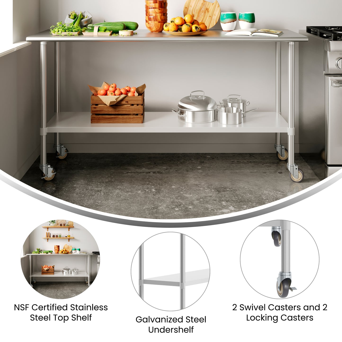 Reese 24x72 Portable Prep and Work Table with NSF Certified 18 Gauge Stainless Steel Top Shelf, Galvanized Steel Undershelf, 4 Casters with 2 Locking Stainless Steel