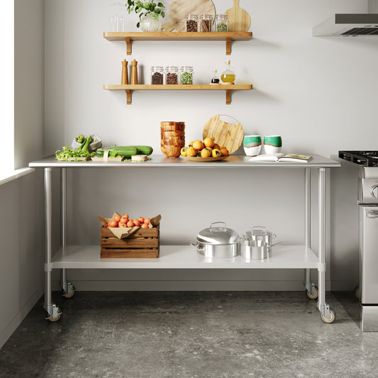 Reese 24x72 Portable Prep and Work Table with NSF Certified 18 Gauge Stainless Steel Top Shelf, Galvanized Steel Undershelf, 4 Casters with 2 Locking Stainless Steel