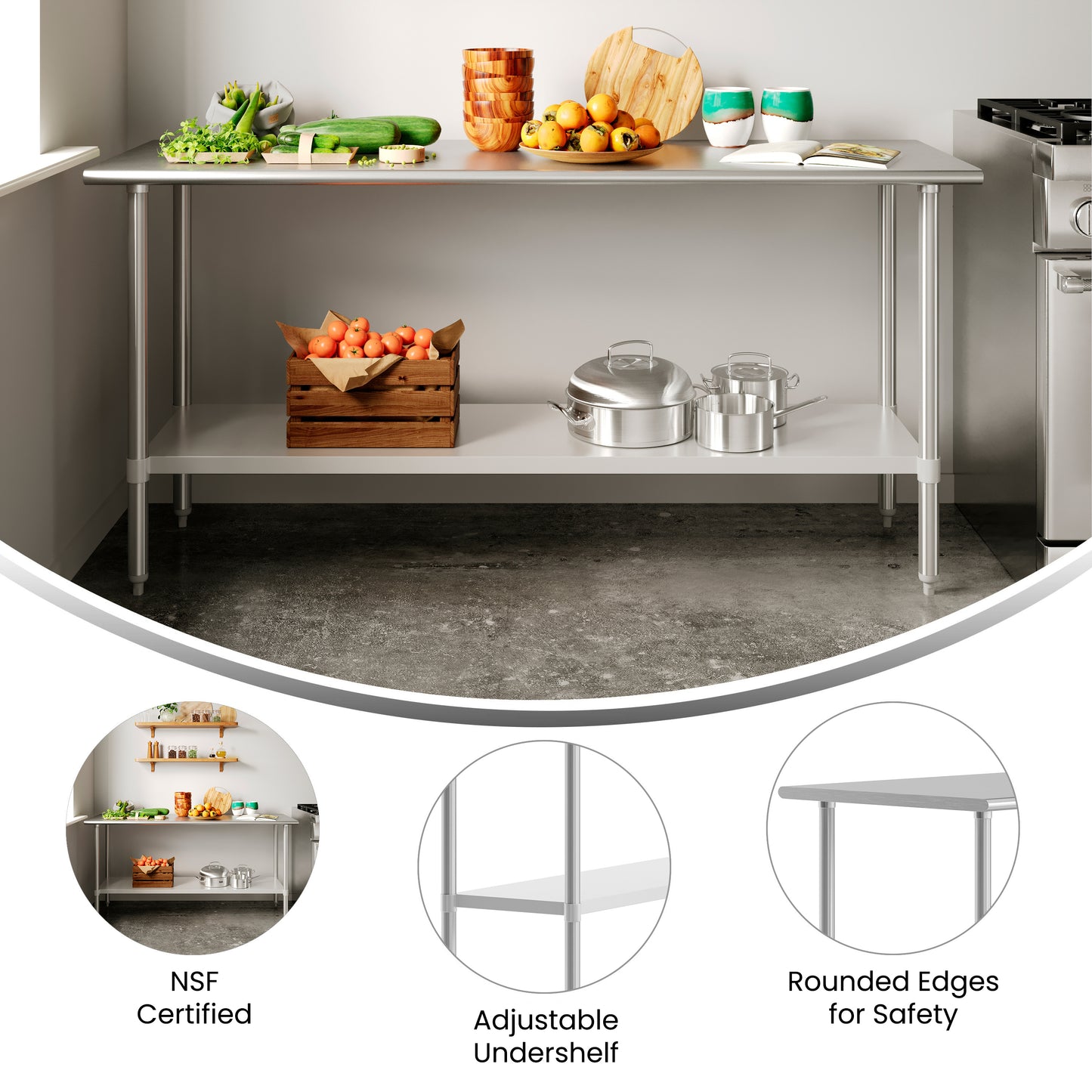 Reese 24x72 Portable Prep and Work Table with NSF Certified 18 Gauge Stainless Steel Top Shelf and Adjustable Galvanized Steel Undershelf Stainless Steel