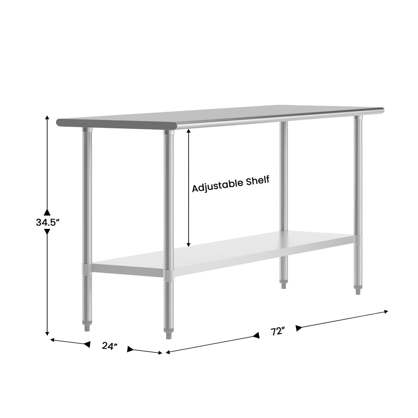 Reese 24x72 Portable Prep and Work Table with NSF Certified 18 Gauge Stainless Steel Top Shelf and Adjustable Galvanized Steel Undershelf Stainless Steel