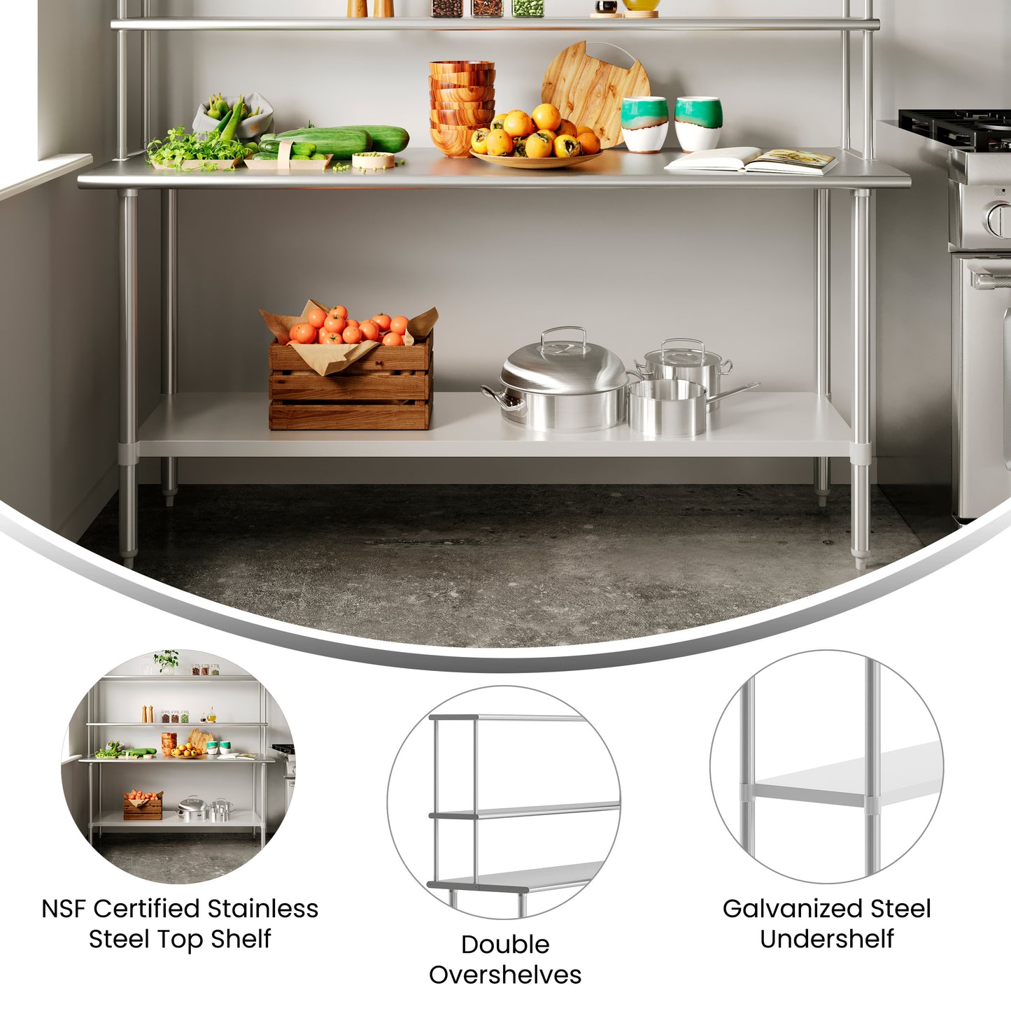 Reese 24x72 Portable Prep and Work Table with NSF Certified 18 Gauge Stainless Steel Top Shelf and Double Overshelves and Galvanized Steel Undershelf Stainless Steel
