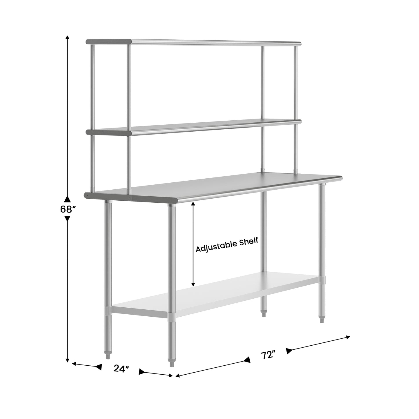 Reese 24x72 Portable Prep and Work Table with NSF Certified 18 Gauge Stainless Steel Top Shelf and Double Overshelves and Galvanized Steel Undershelf Stainless Steel