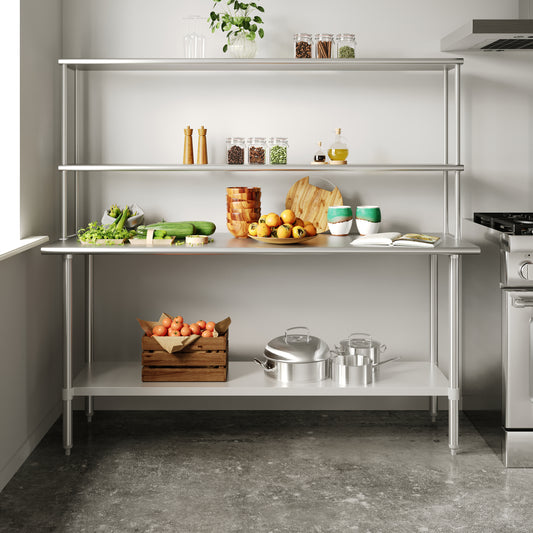 Reese 24x72 Portable Prep and Work Table with NSF Certified 18 Gauge Stainless Steel Top Shelf and Double Overshelves and Galvanized Steel Undershelf Stainless Steel