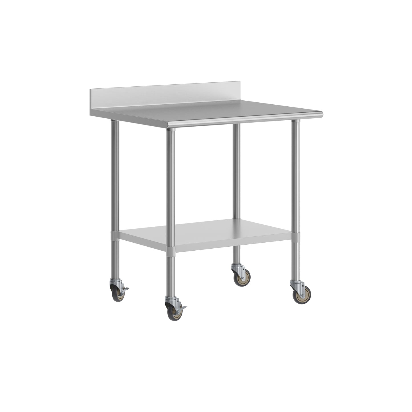 Reese 30" x 36" Prep and Work Table with NSF Certified Stainless Steel Top Shelf, 4" Backsplash, Adjustable Galvanized Steel Undershelf, 4 Casters Stainless Steel