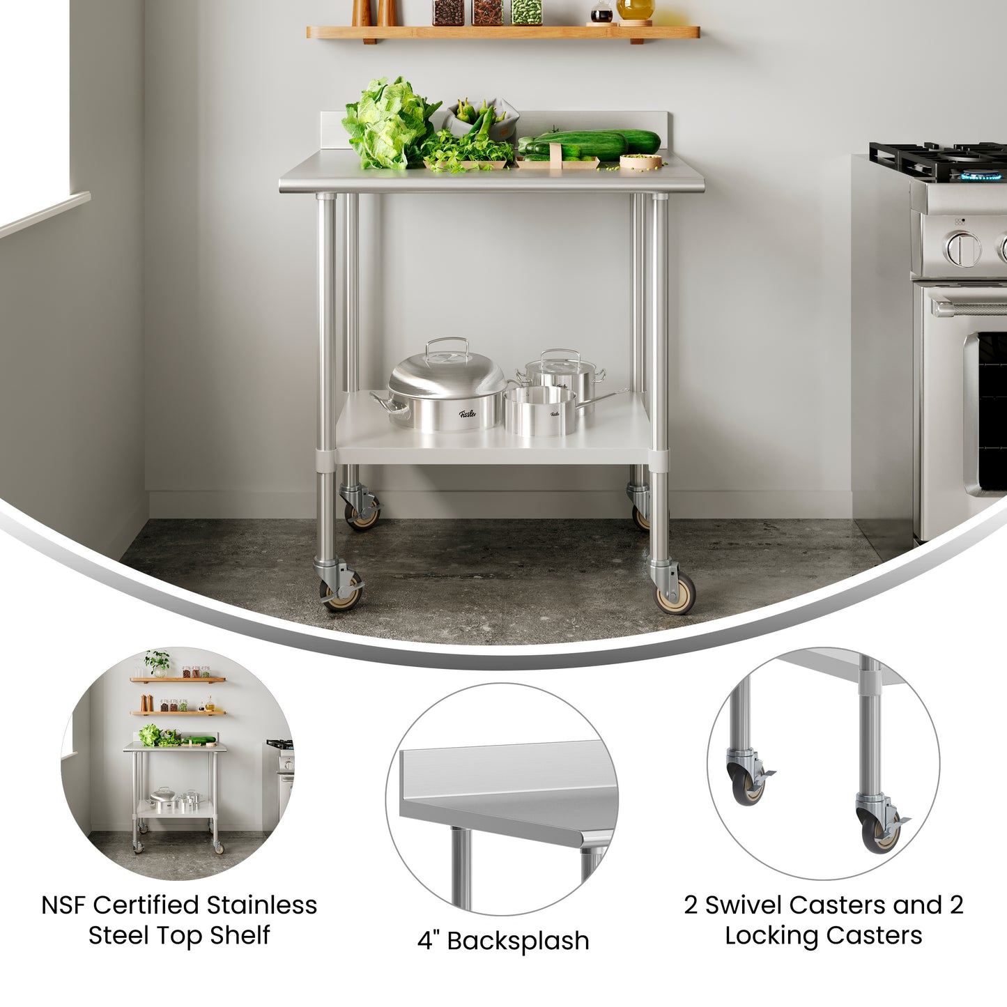 Reese 30" x 36" Prep and Work Table with NSF Certified Stainless Steel Top Shelf, 4" Backsplash, Adjustable Galvanized Steel Undershelf, 4 Casters Stainless Steel