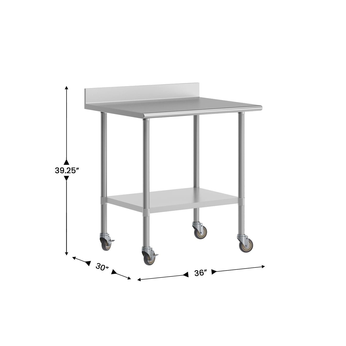 Reese 30" x 36" Prep and Work Table with NSF Certified Stainless Steel Top Shelf, 4" Backsplash, Adjustable Galvanized Steel Undershelf, 4 Casters Stainless Steel