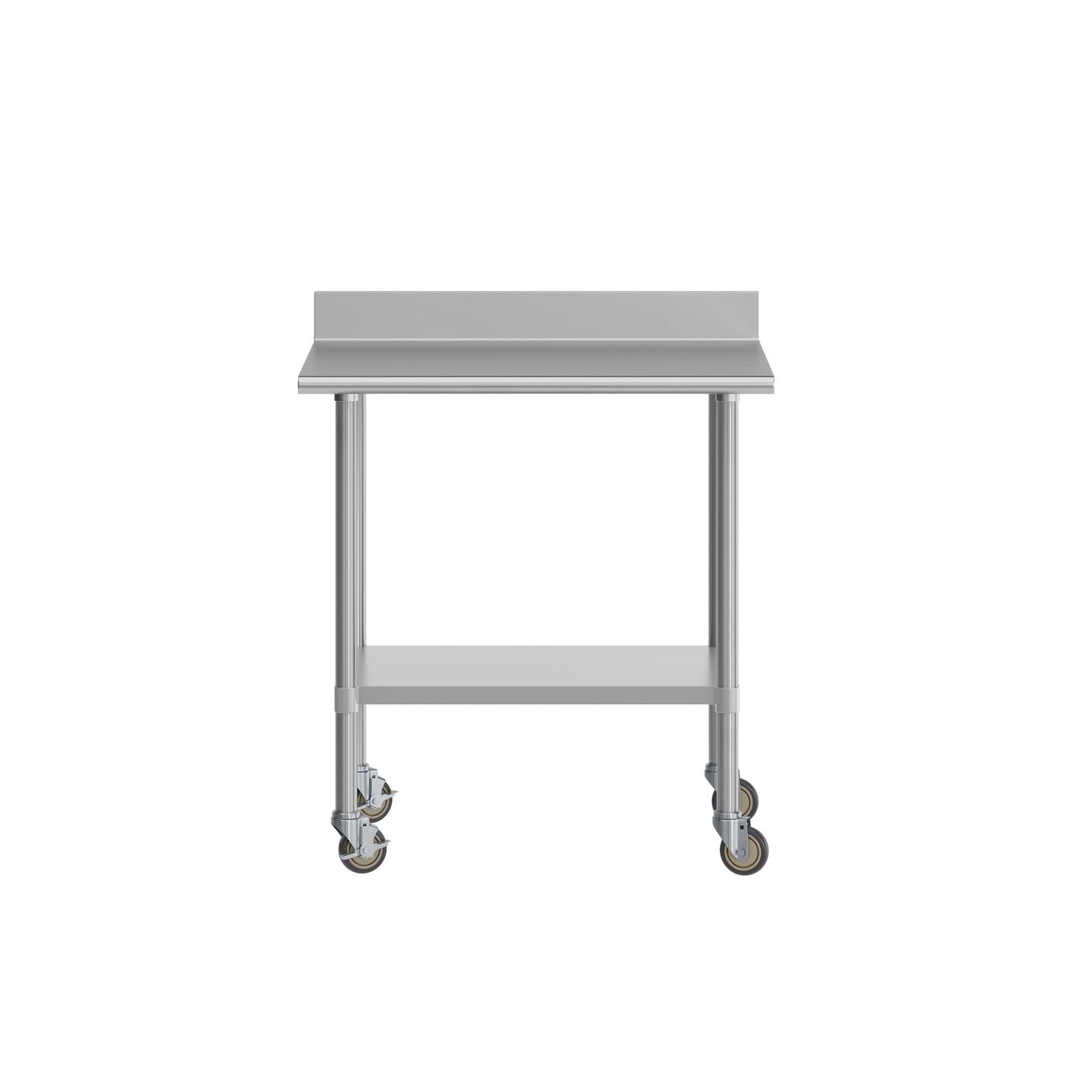 Reese 30" x 36" Prep and Work Table with NSF Certified Stainless Steel Top Shelf, 4" Backsplash, Adjustable Galvanized Steel Undershelf, 4 Casters Stainless Steel