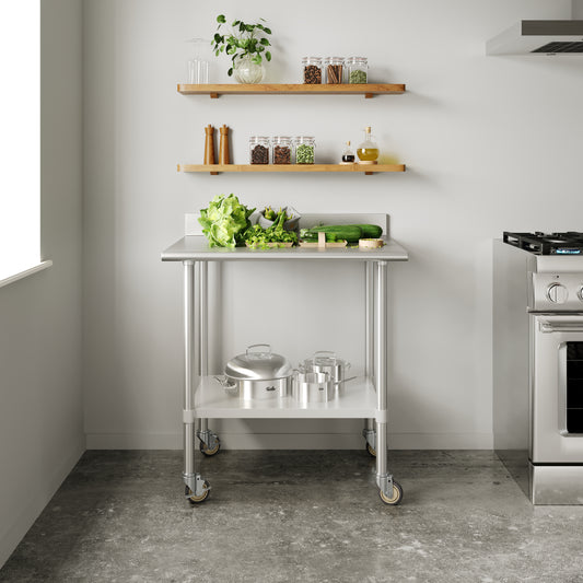 Reese 30" x 36" Prep and Work Table with NSF Certified Stainless Steel Top Shelf, 4" Backsplash, Adjustable Galvanized Steel Undershelf, 4 Casters Stainless Steel