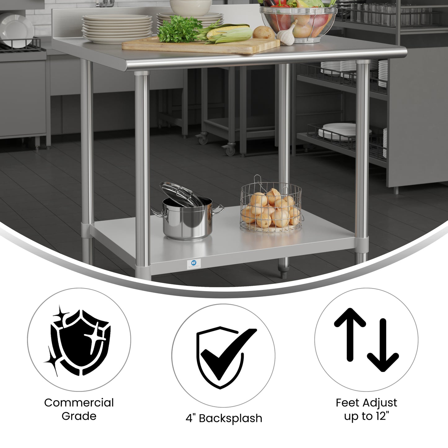 Reese Commercial Grade 430 Stainless Steel 18 Gauge NSF Certified 30" x 36" Kitchen Prep and Work Table with Adjustable Shelf and 4" Backsplash Stainless Steel