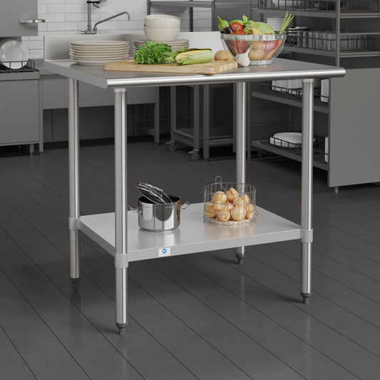 Reese Commercial Grade 430 Stainless Steel 18 Gauge NSF Certified 30" x 36" Kitchen Prep and Work Table with Adjustable Shelf and 4" Backsplash Stainless Steel
