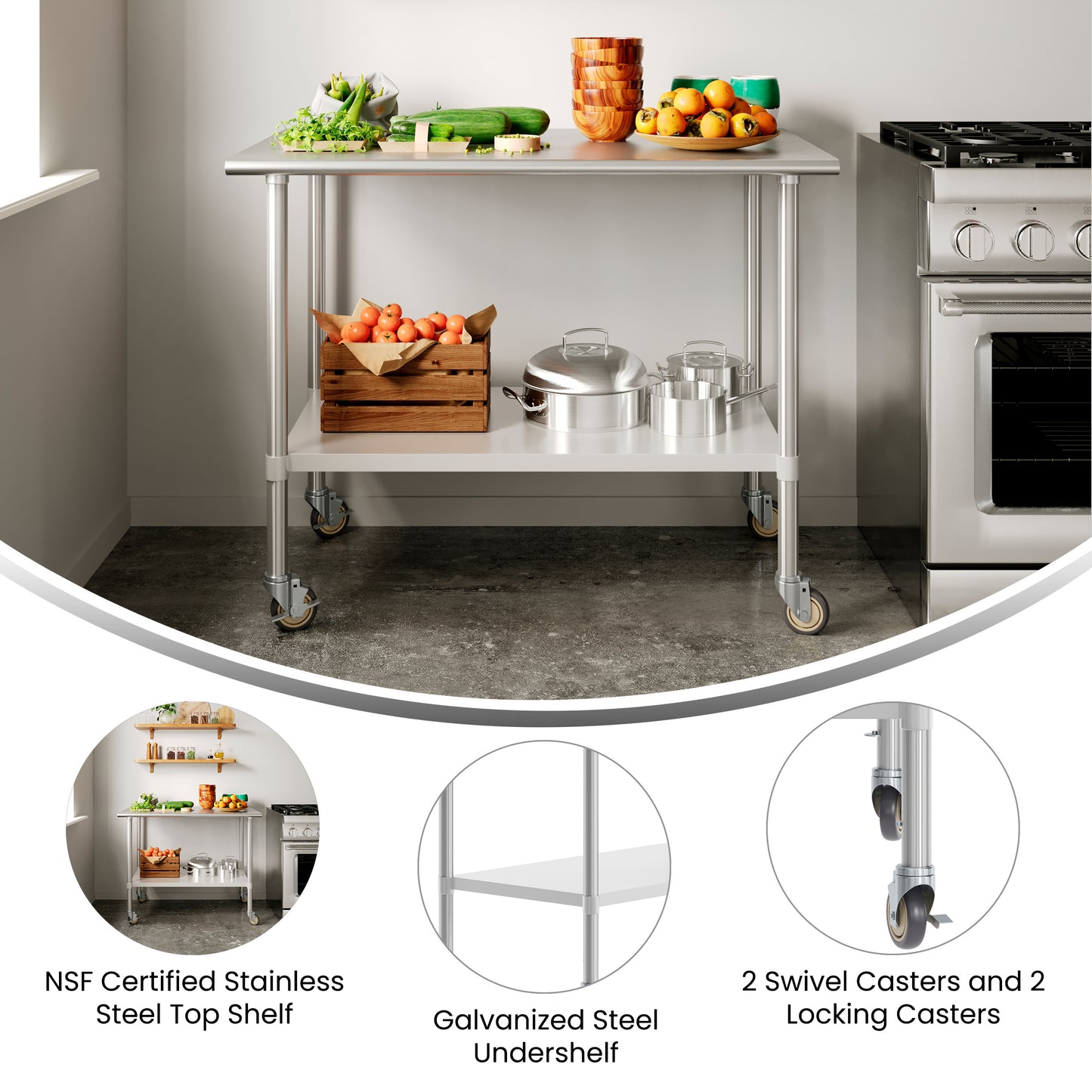 Reese 30x48 Portable Prep and Work Table with NSF Certified 18 Gauge Stainless Steel Top Shelf, Galvanized Steel Undershelf, 4 Casters with 2 Locking Stainless Steel