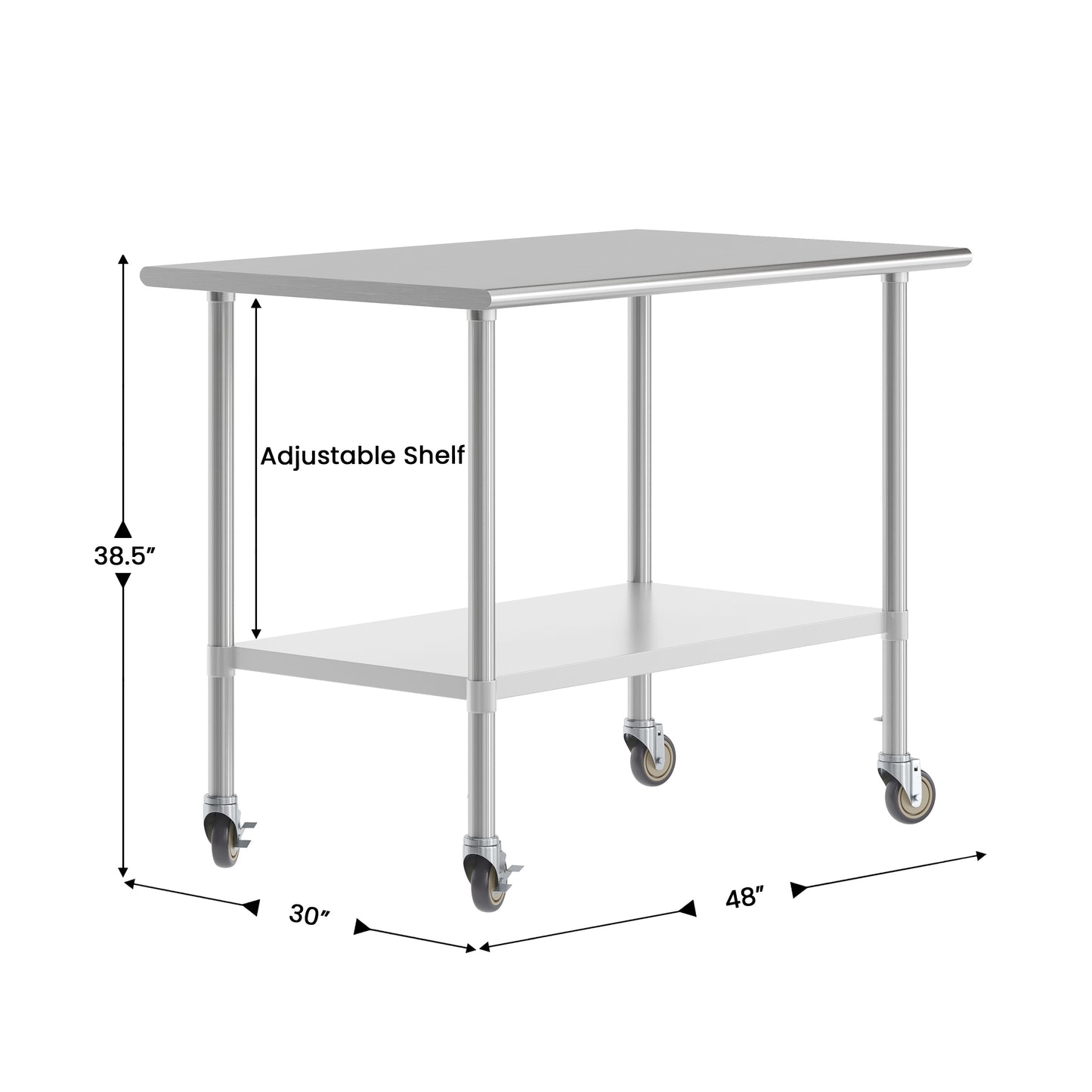 Reese 30x48 Portable Prep and Work Table with NSF Certified 18 Gauge Stainless Steel Top Shelf, Galvanized Steel Undershelf, 4 Casters with 2 Locking Stainless Steel