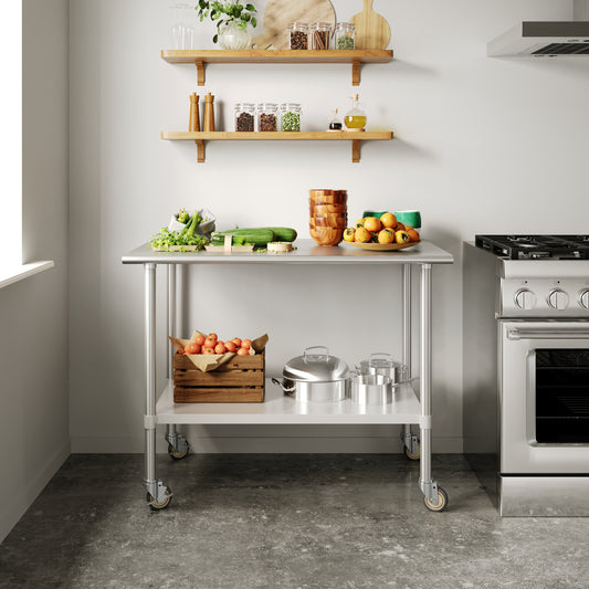 Reese 30x48 Portable Prep and Work Table with NSF Certified 18 Gauge Stainless Steel Top Shelf, Galvanized Steel Undershelf, 4 Casters with 2 Locking Stainless Steel