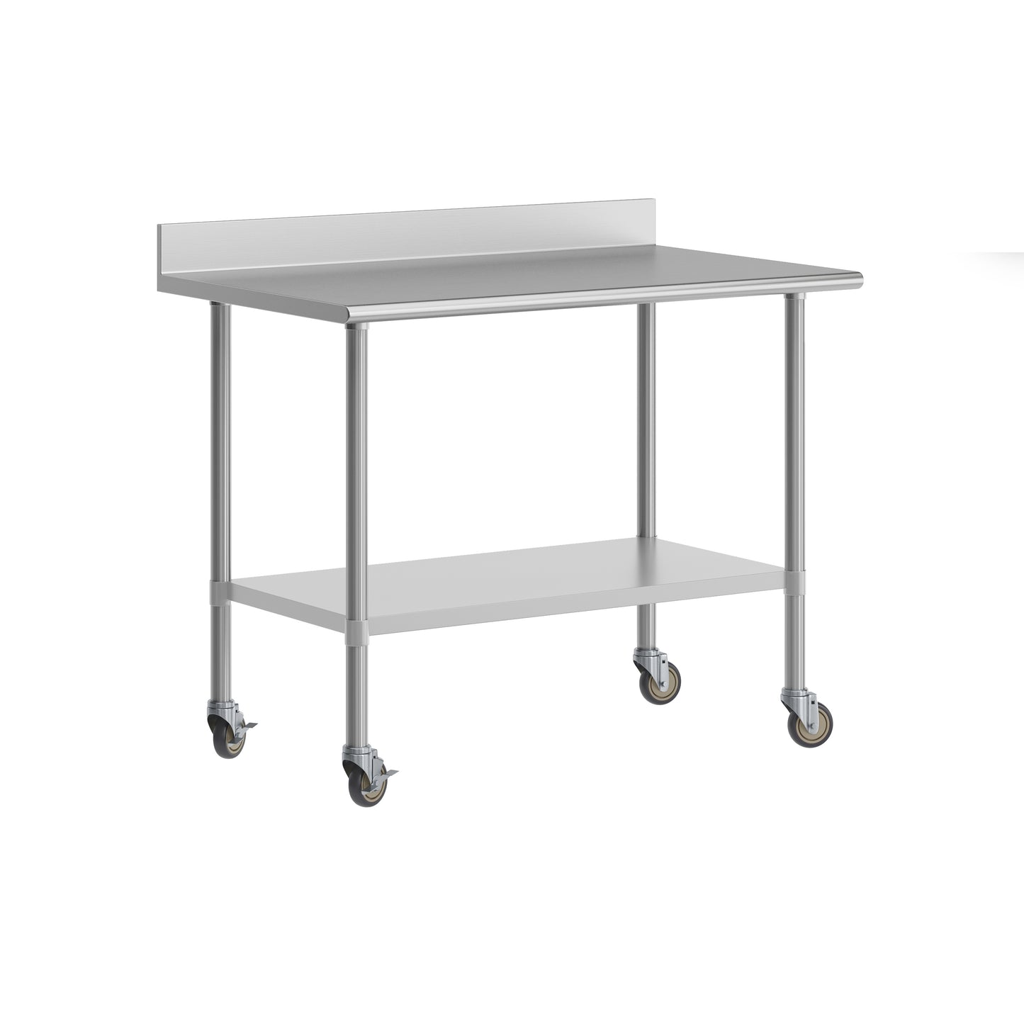 Reese 30" x 48" Prep and Work Table with NSF Certified Stainless Steel Top Shelf, 4" Backsplash, Adjustable Galvanized Steel Undershelf, 4 Casters Stainless Steel