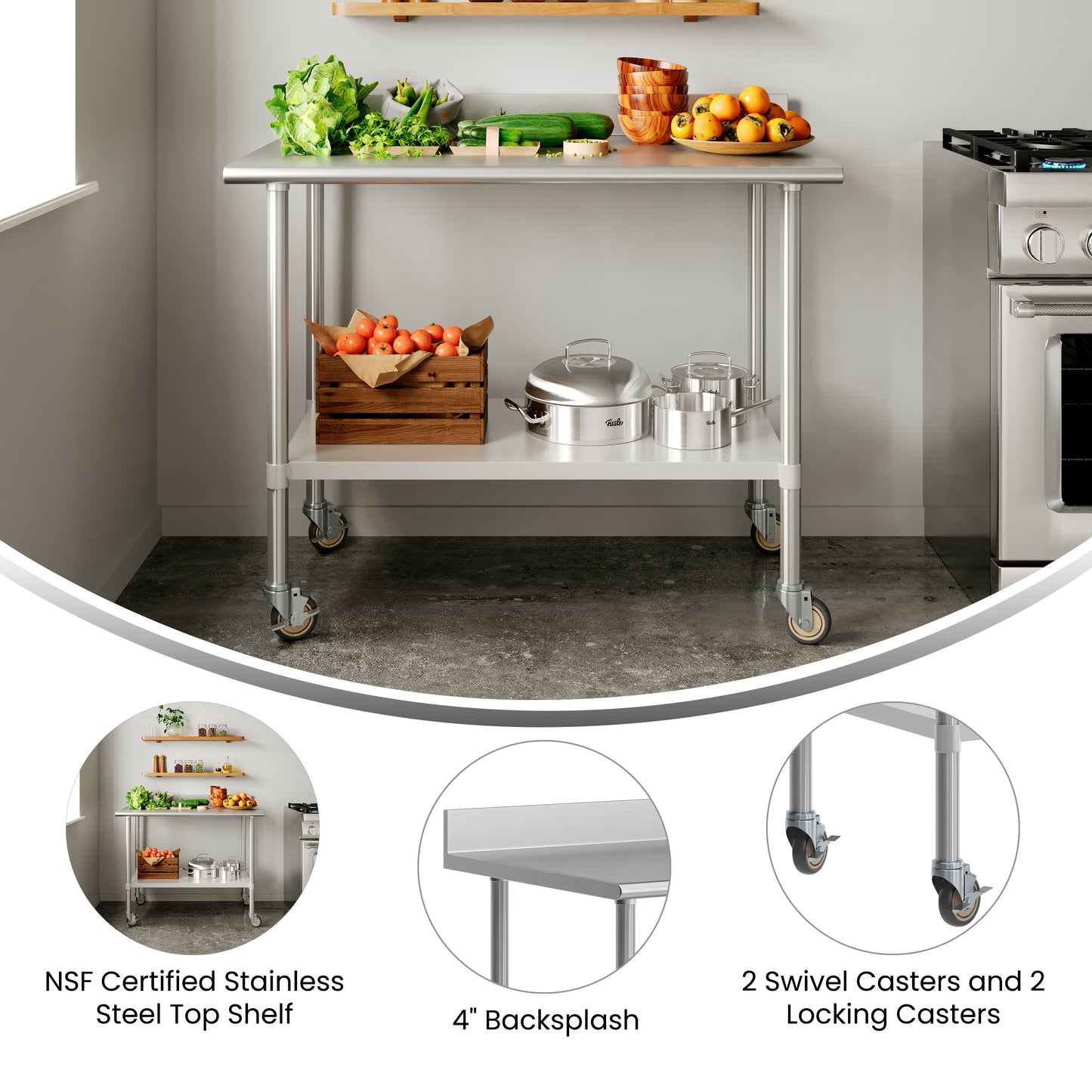 Reese 30" x 48" Prep and Work Table with NSF Certified Stainless Steel Top Shelf, 4" Backsplash, Adjustable Galvanized Steel Undershelf, 4 Casters Stainless Steel