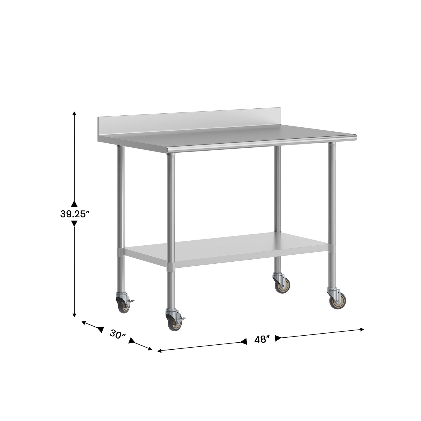 Reese 30" x 48" Prep and Work Table with NSF Certified Stainless Steel Top Shelf, 4" Backsplash, Adjustable Galvanized Steel Undershelf, 4 Casters Stainless Steel