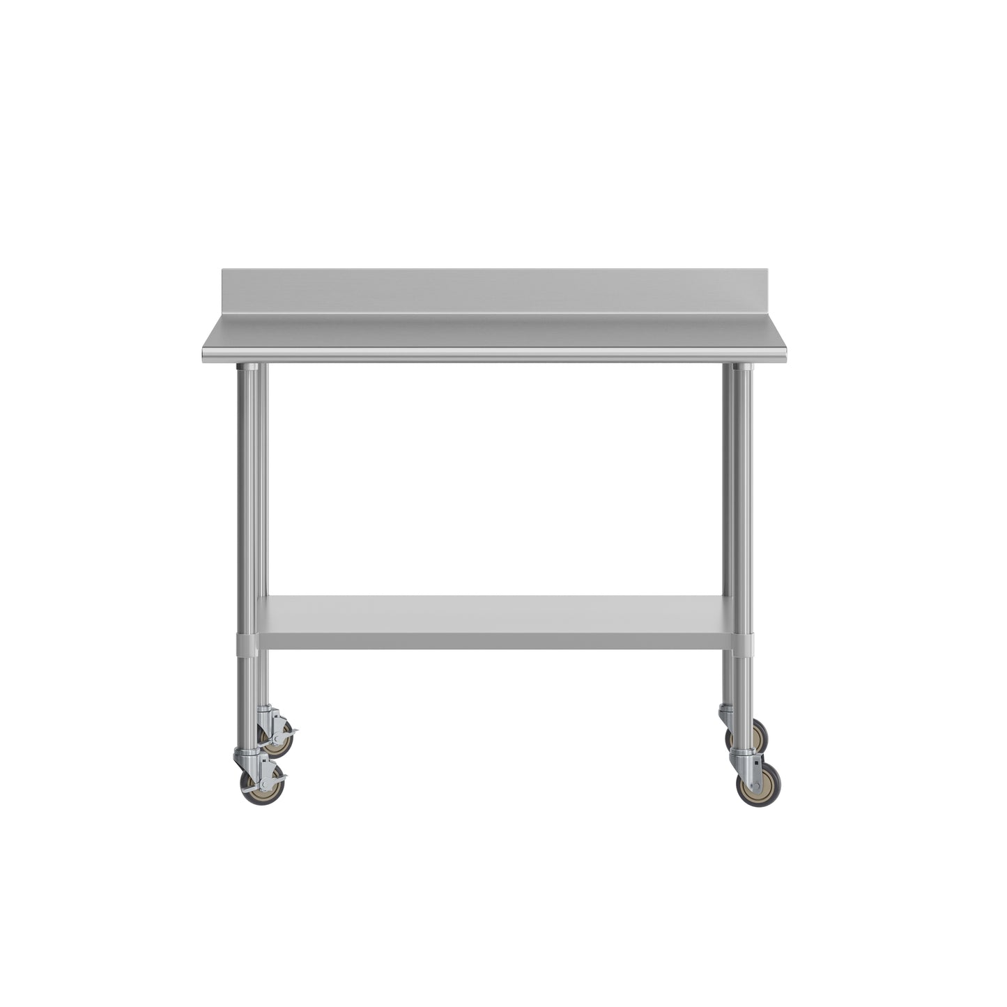 Reese 30" x 48" Prep and Work Table with NSF Certified Stainless Steel Top Shelf, 4" Backsplash, Adjustable Galvanized Steel Undershelf, 4 Casters Stainless Steel