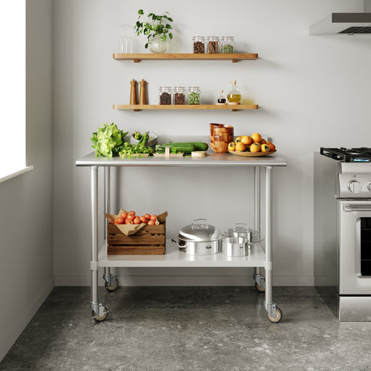 Reese 30" x 48" Prep and Work Table with NSF Certified Stainless Steel Top Shelf, 4" Backsplash, Adjustable Galvanized Steel Undershelf, 4 Casters Stainless Steel