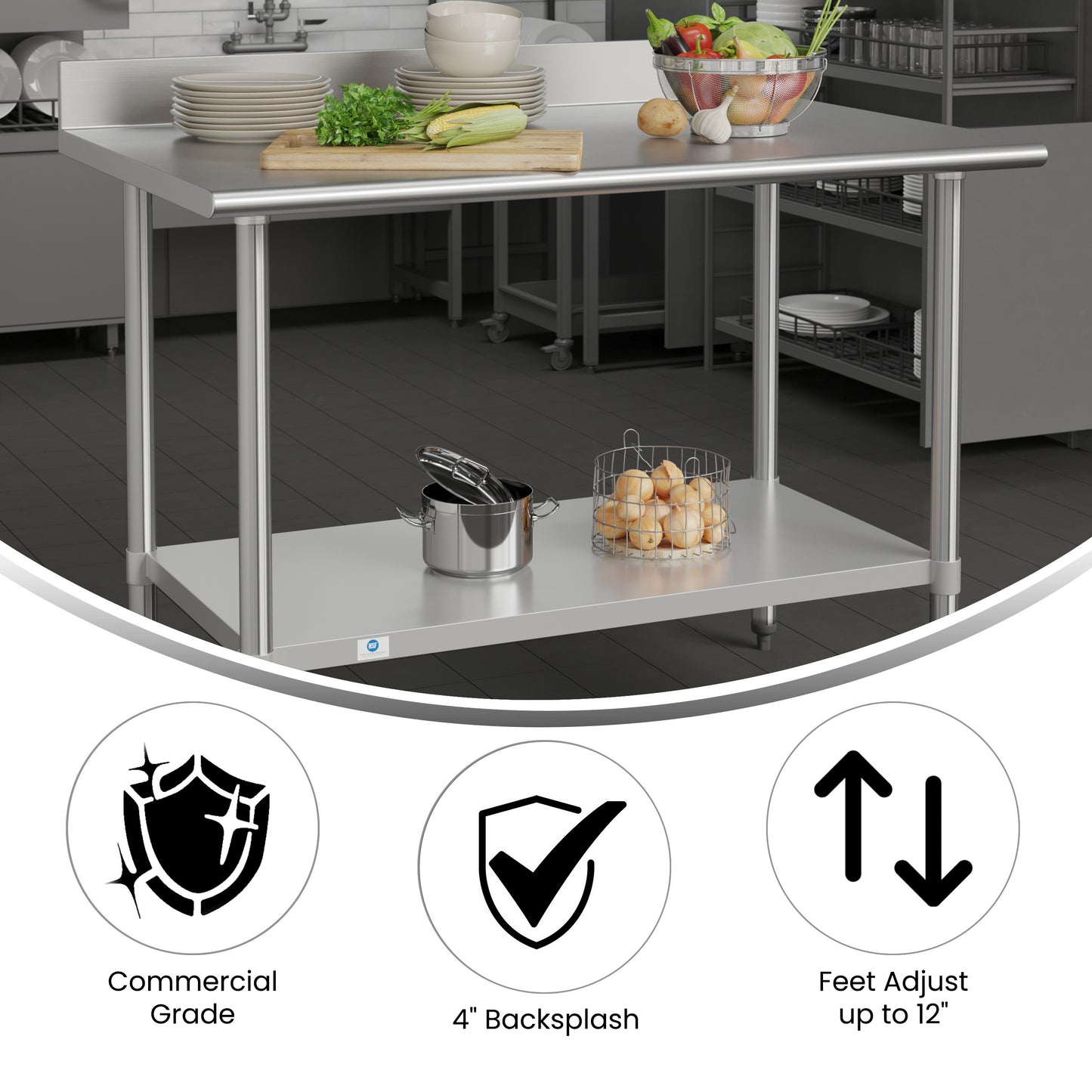 Reese Commercial Grade 430 Stainless Steel 18 Gauge NSF Certified 30" x 48" Kitchen Prep and Work Table with Adjustable Shelf and 4" Backsplash Stainless Steel