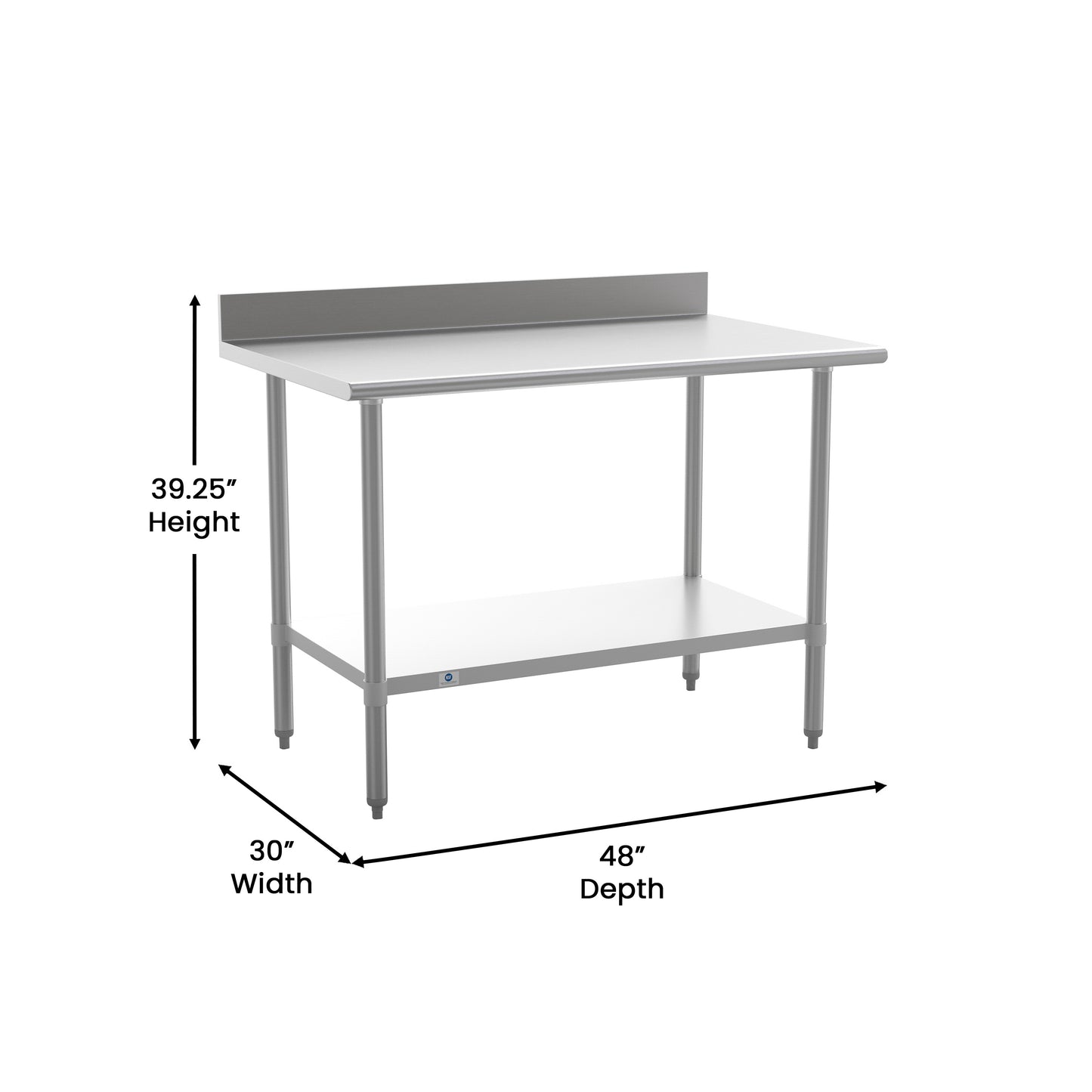 Reese Commercial Grade 430 Stainless Steel 18 Gauge NSF Certified 30" x 48" Kitchen Prep and Work Table with Adjustable Shelf and 4" Backsplash Stainless Steel