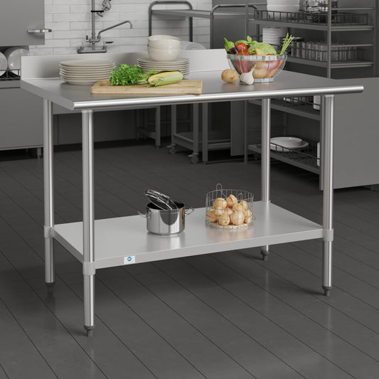 Reese Commercial Grade 430 Stainless Steel 18 Gauge NSF Certified 30" x 48" Kitchen Prep and Work Table with Adjustable Shelf and 4" Backsplash Stainless Steel
