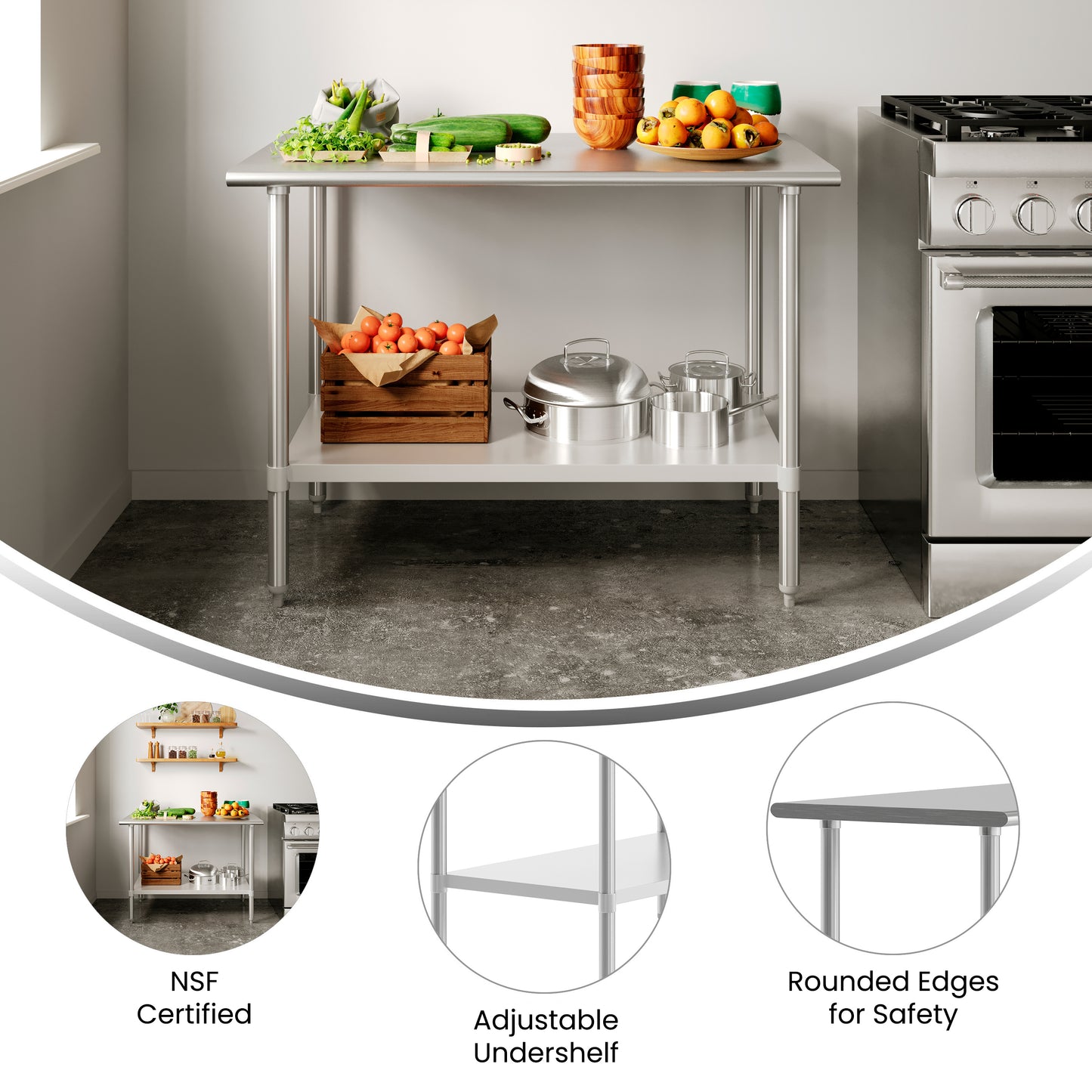Reese 30x48 Portable Prep and Work Table with NSF Certified 18 Gauge Stainless Steel Top Shelf and Adjustable Galvanized Steel Undershelf Stainless Steel