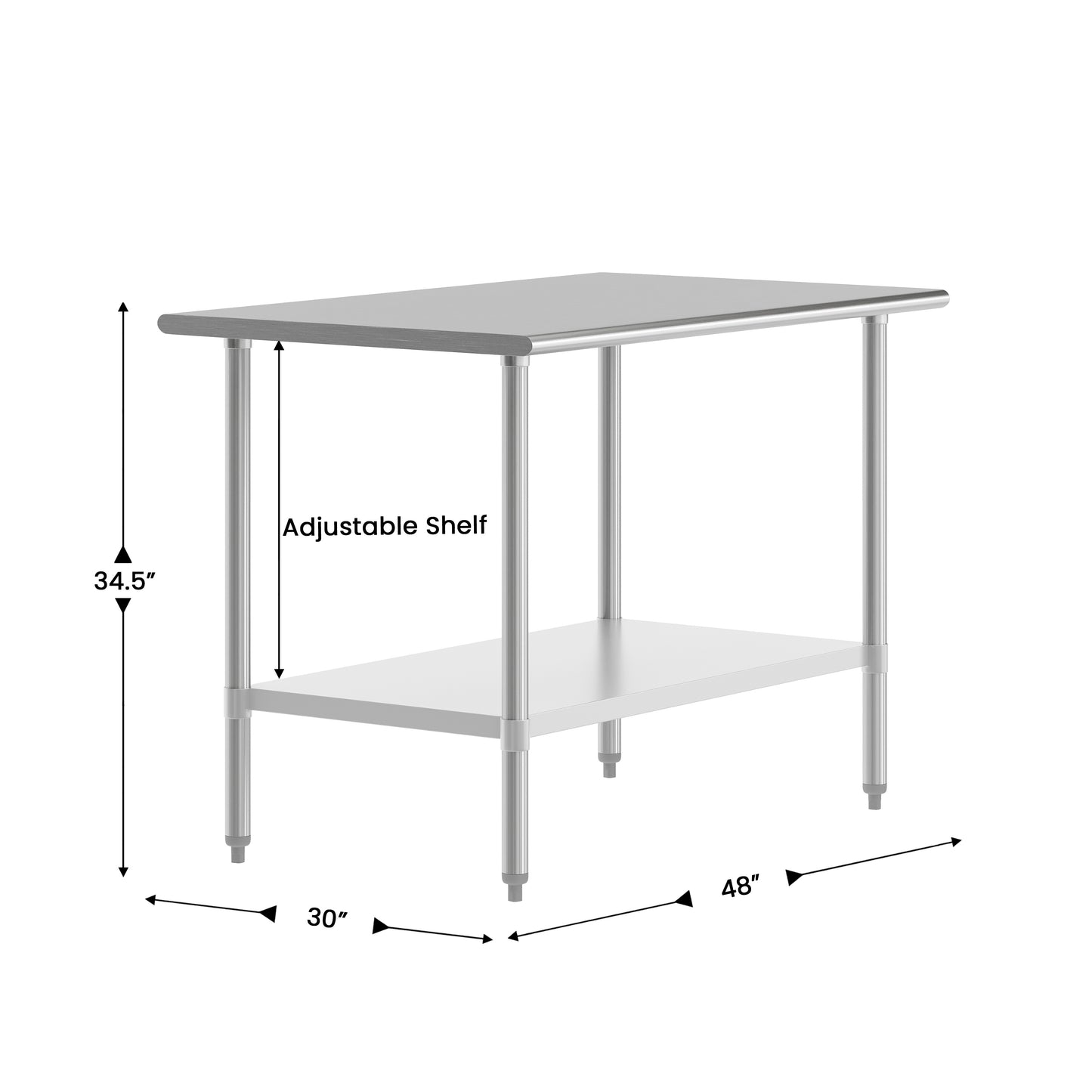 Reese 30x48 Portable Prep and Work Table with NSF Certified 18 Gauge Stainless Steel Top Shelf and Adjustable Galvanized Steel Undershelf Stainless Steel