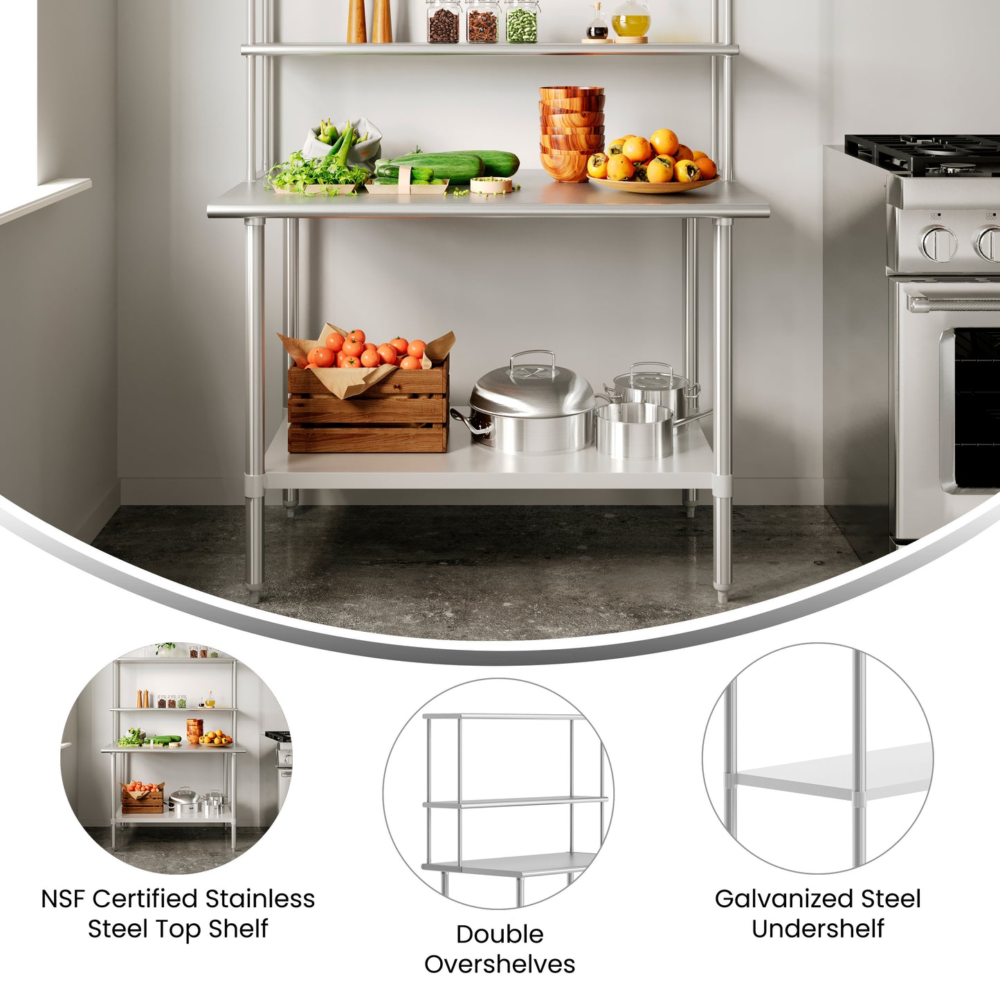 Reese 30x48 Portable Prep and Work Table with NSF Certified 18 Gauge Stainless Steel Top Shelf and Double Overshelves and Galvanized Steel Undershelf Stainless Steel