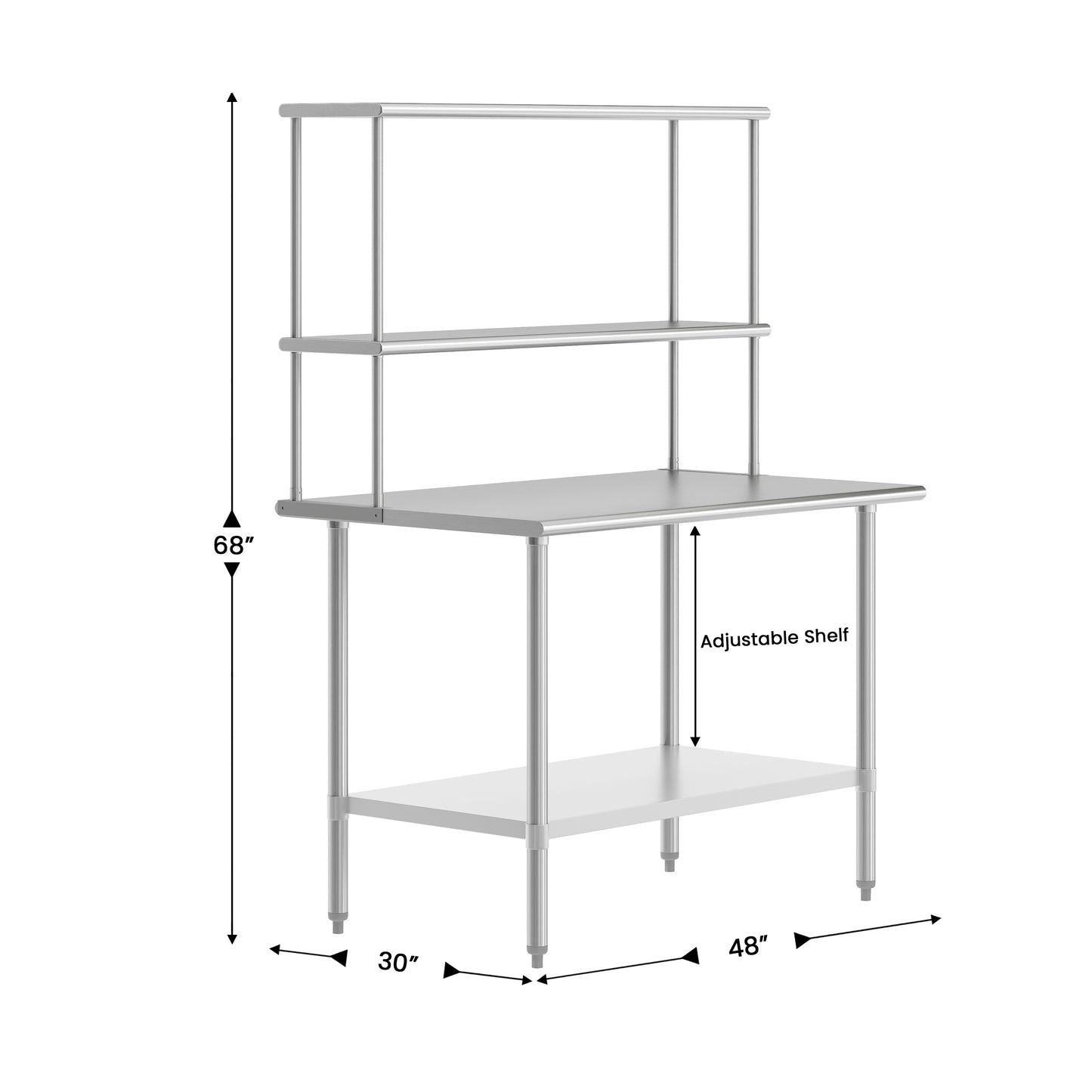 Reese 30x48 Portable Prep and Work Table with NSF Certified 18 Gauge Stainless Steel Top Shelf and Double Overshelves and Galvanized Steel Undershelf Stainless Steel