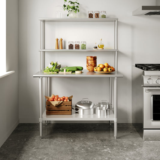 Reese 30x48 Portable Prep and Work Table with NSF Certified 18 Gauge Stainless Steel Top Shelf and Double Overshelves and Galvanized Steel Undershelf Stainless Steel