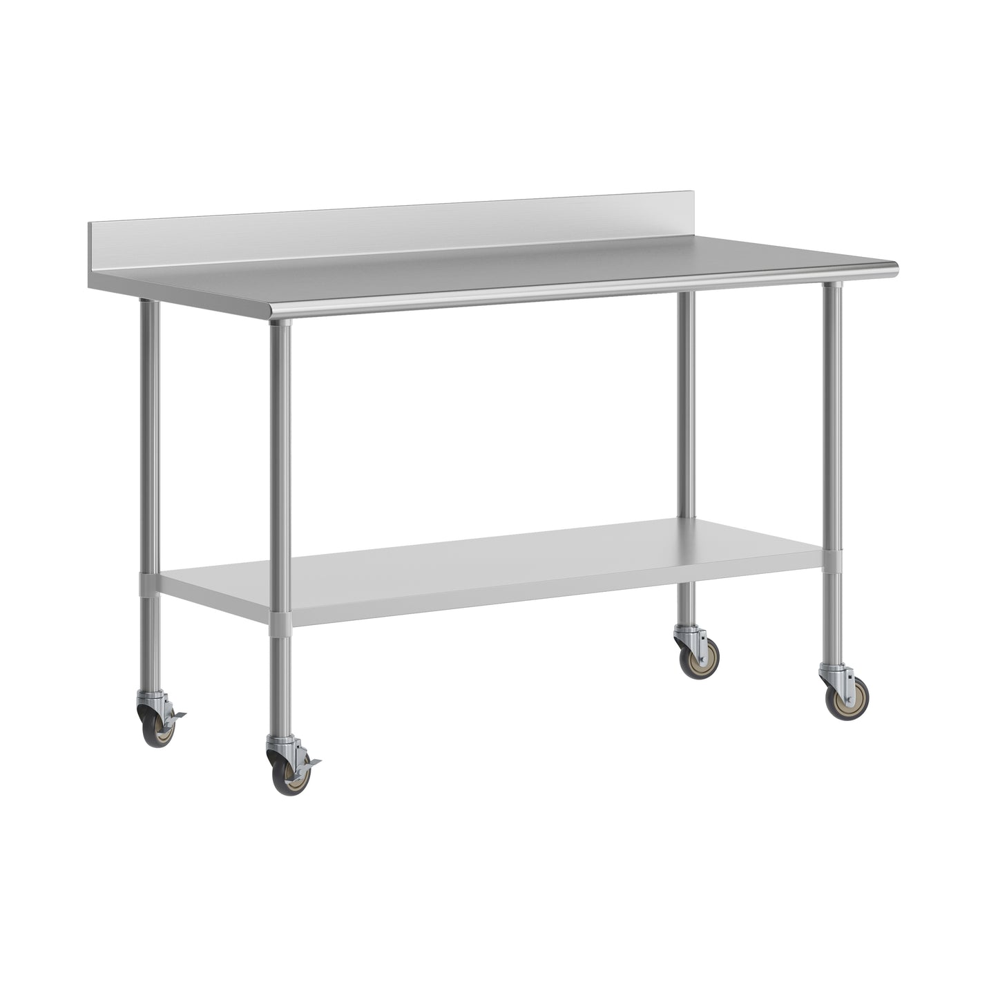 Reese 30" x 60" Prep and Work Table with NSF Certified Stainless Steel Top Shelf, 4" Backsplash, Adjustable Galvanized Steel Undershelf, 4 Casters Stainless Steel