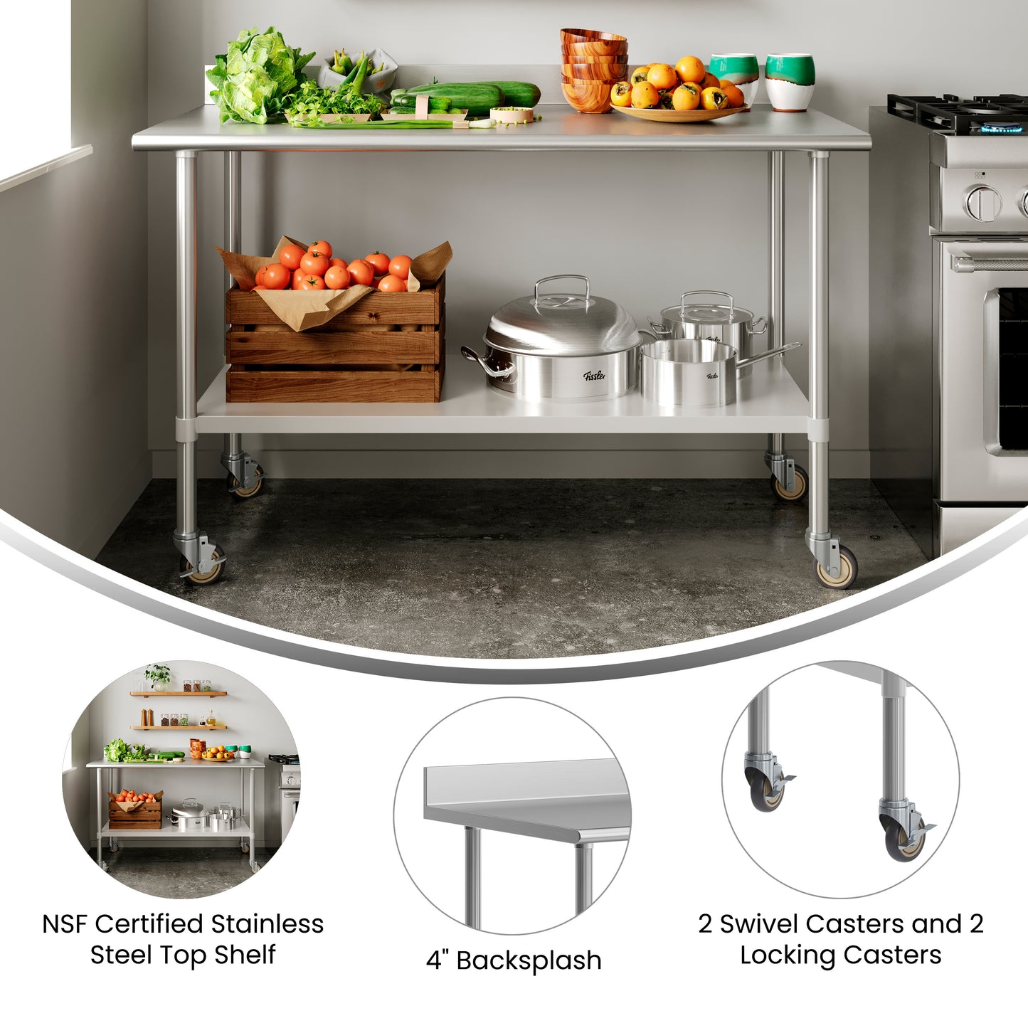 Reese 30" x 60" Prep and Work Table with NSF Certified Stainless Steel Top Shelf, 4" Backsplash, Adjustable Galvanized Steel Undershelf, 4 Casters Stainless Steel