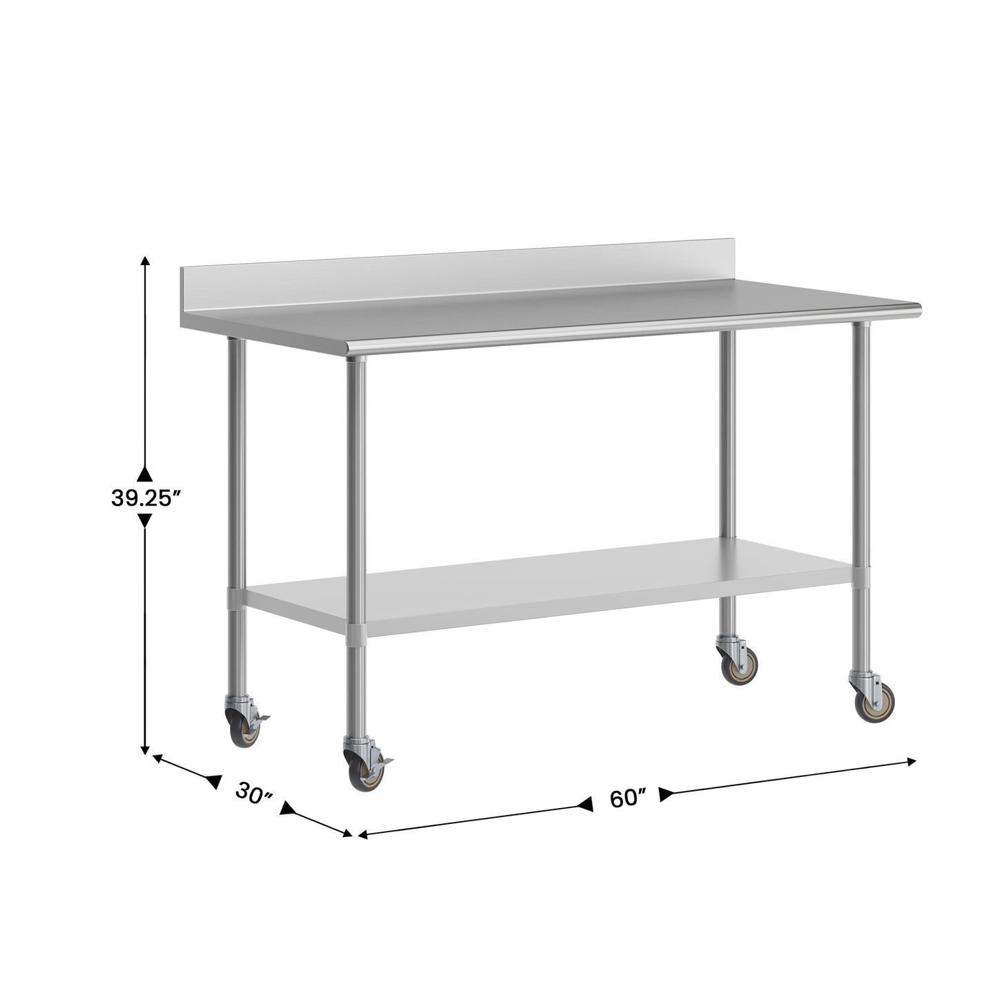 Reese 30" x 60" Prep and Work Table with NSF Certified Stainless Steel Top Shelf, 4" Backsplash, Adjustable Galvanized Steel Undershelf, 4 Casters Stainless Steel