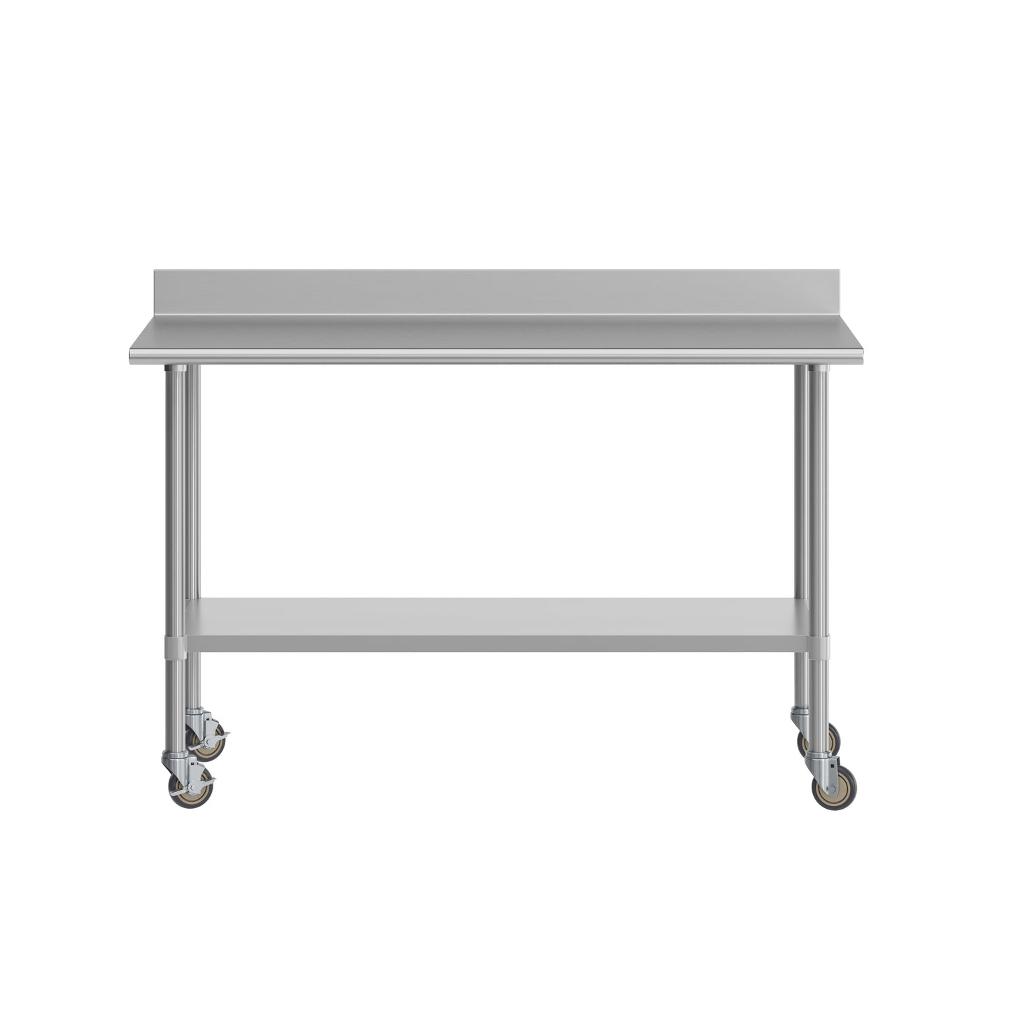 Reese 30" x 60" Prep and Work Table with NSF Certified Stainless Steel Top Shelf, 4" Backsplash, Adjustable Galvanized Steel Undershelf, 4 Casters Stainless Steel