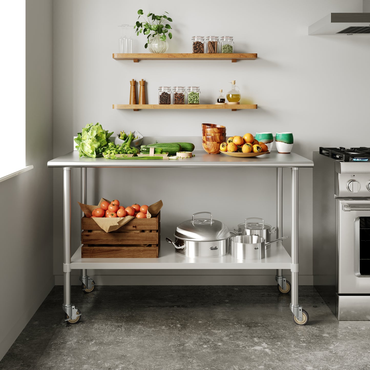 Reese 30" x 60" Prep and Work Table with NSF Certified Stainless Steel Top Shelf, 4" Backsplash, Adjustable Galvanized Steel Undershelf, 4 Casters Stainless Steel
