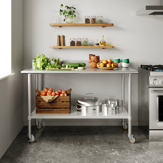 Reese 30" x 60" Prep and Work Table with NSF Certified Stainless Steel Top Shelf, 4" Backsplash, Adjustable Galvanized Steel Undershelf, 4 Casters Stainless Steel