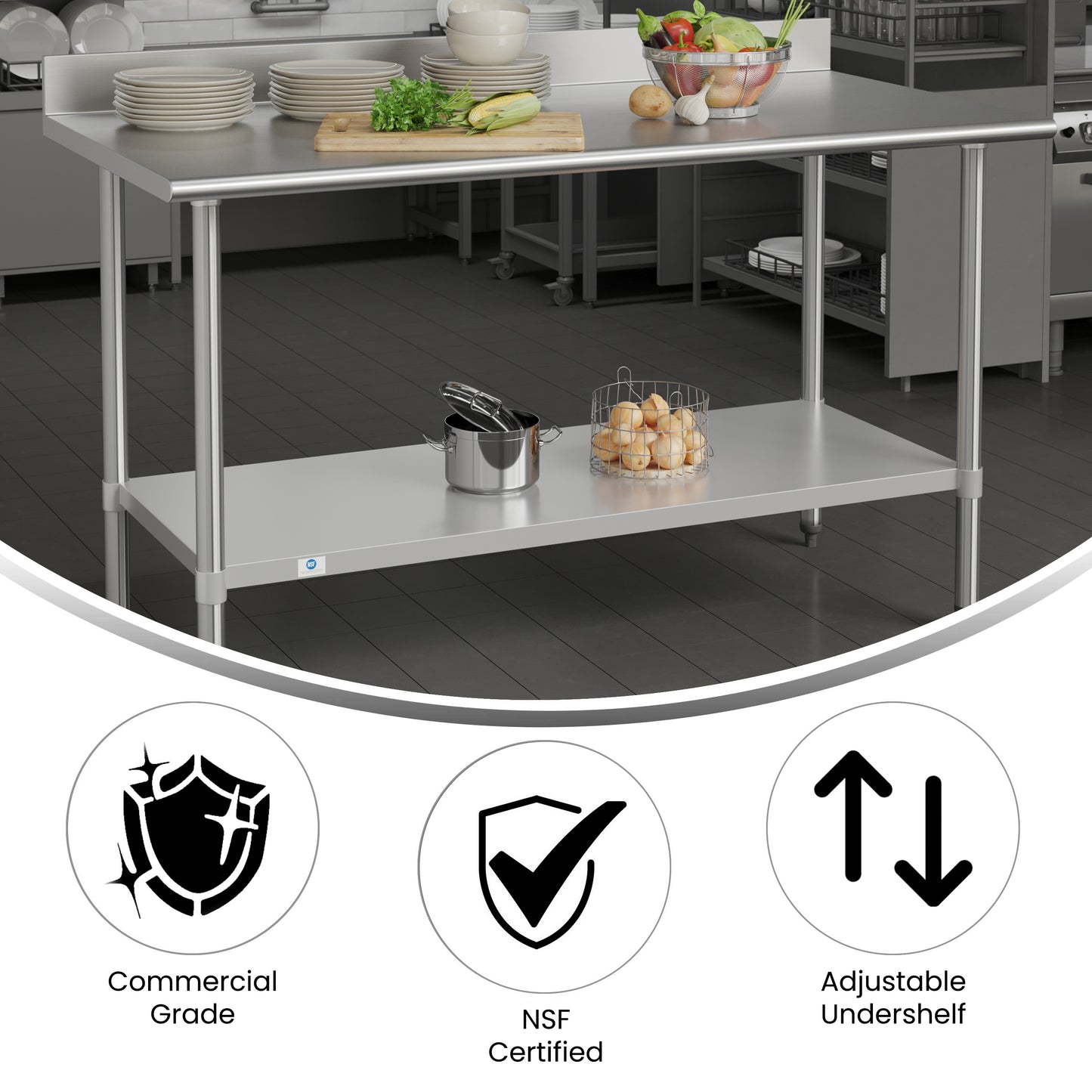 Reese Commercial Grade 430 Stainless Steel 18 Gauge NSF Certified 30" x 60" Kitchen Prep and Work Table with Adjustable Shelf and 4" Backsplash Stainless Steel