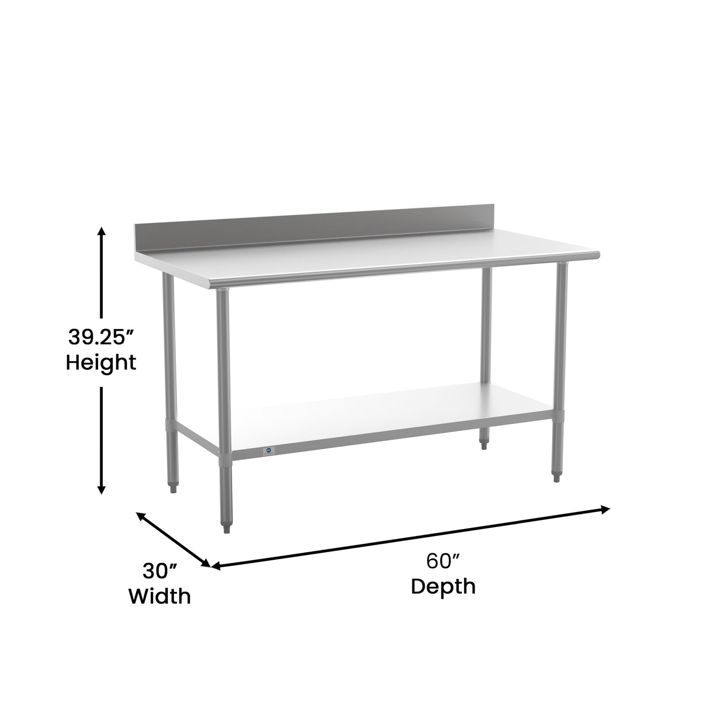 Reese Commercial Grade 430 Stainless Steel 18 Gauge NSF Certified 30" x 60" Kitchen Prep and Work Table with Adjustable Shelf and 4" Backsplash Stainless Steel