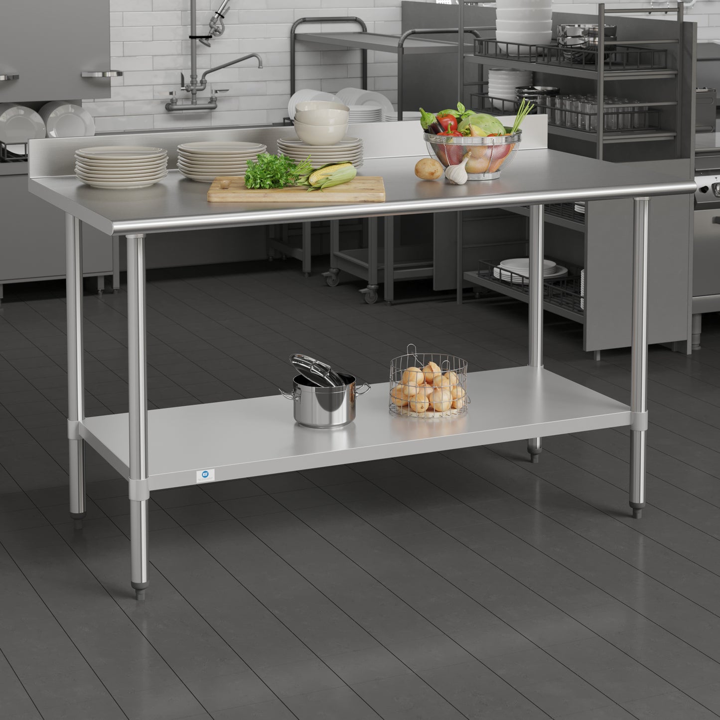 Reese Commercial Grade 430 Stainless Steel 18 Gauge NSF Certified 30" x 60" Kitchen Prep and Work Table with Adjustable Shelf and 4" Backsplash Stainless Steel