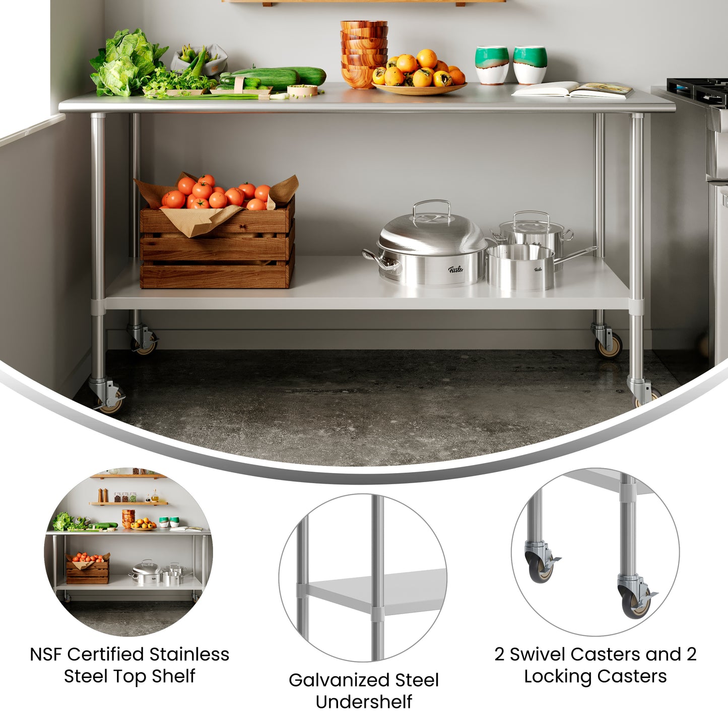 Reader Portable Prep and Work Table with NSF Certified 18 Gauge Stainless Steel Top Shelf, Galvanized Steel Undershelf and 4 Casters with 2 Locking Stainless Steel