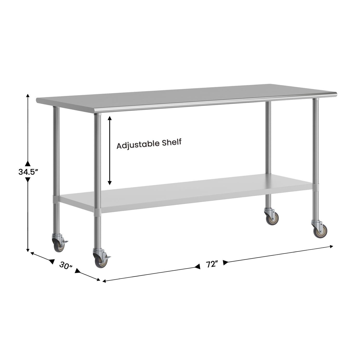 Reader Portable Prep and Work Table with NSF Certified 18 Gauge Stainless Steel Top Shelf, Galvanized Steel Undershelf and 4 Casters with 2 Locking Stainless Steel