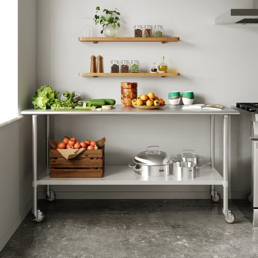 Reader Portable Prep and Work Table with NSF Certified 18 Gauge Stainless Steel Top Shelf, Galvanized Steel Undershelf and 4 Casters with 2 Locking Stainless Steel